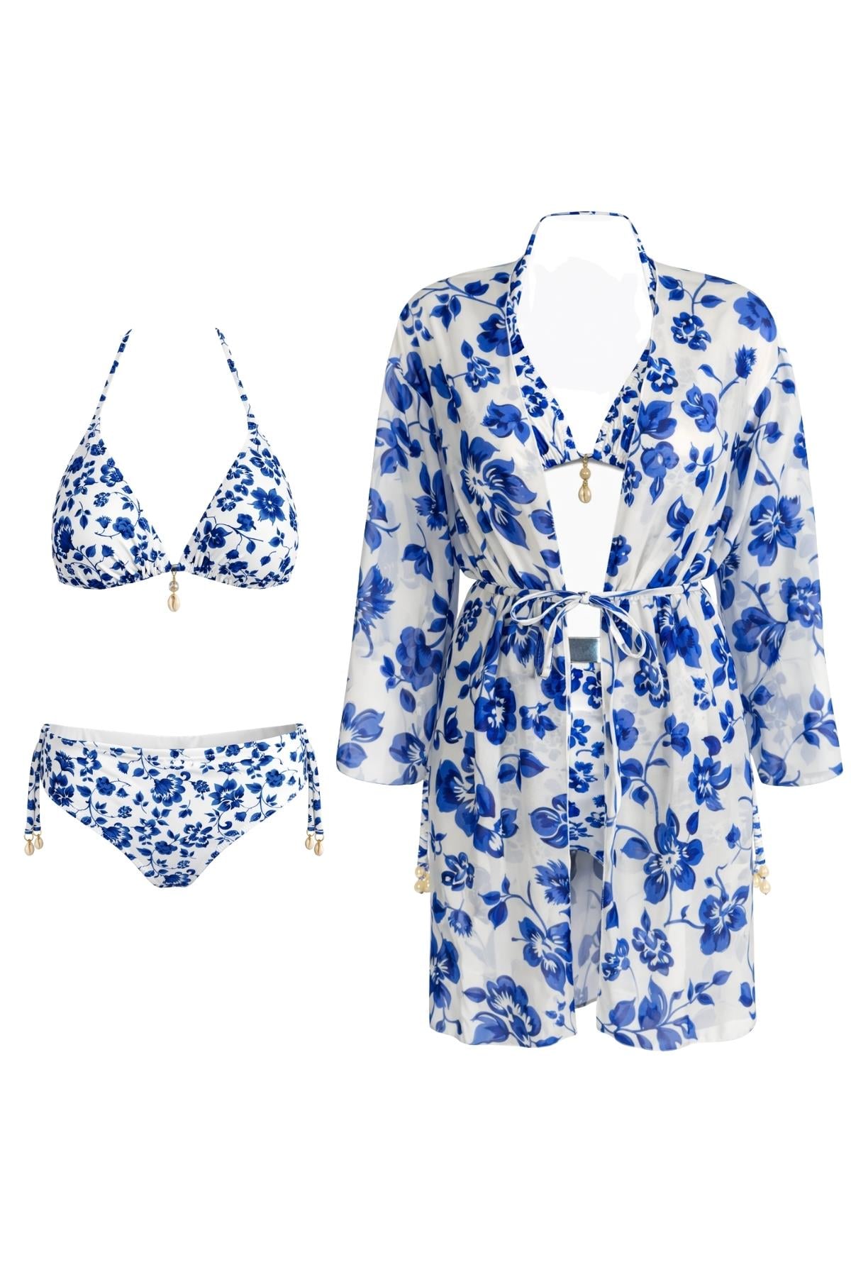Kaftan Pareolu Üçgen Brezilyan Kesim Bikini Takım 