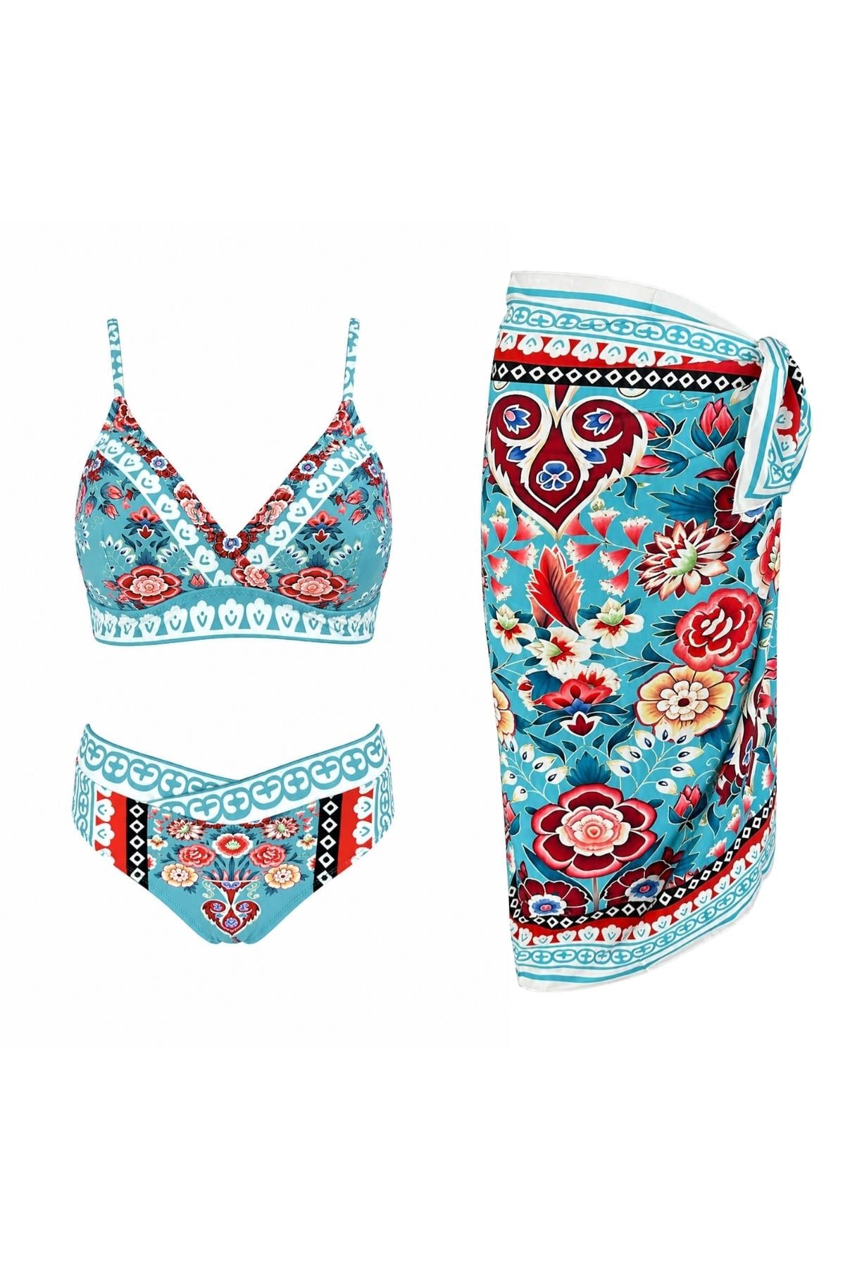 Üçgen Pareolu Desenli Bikini Takım 