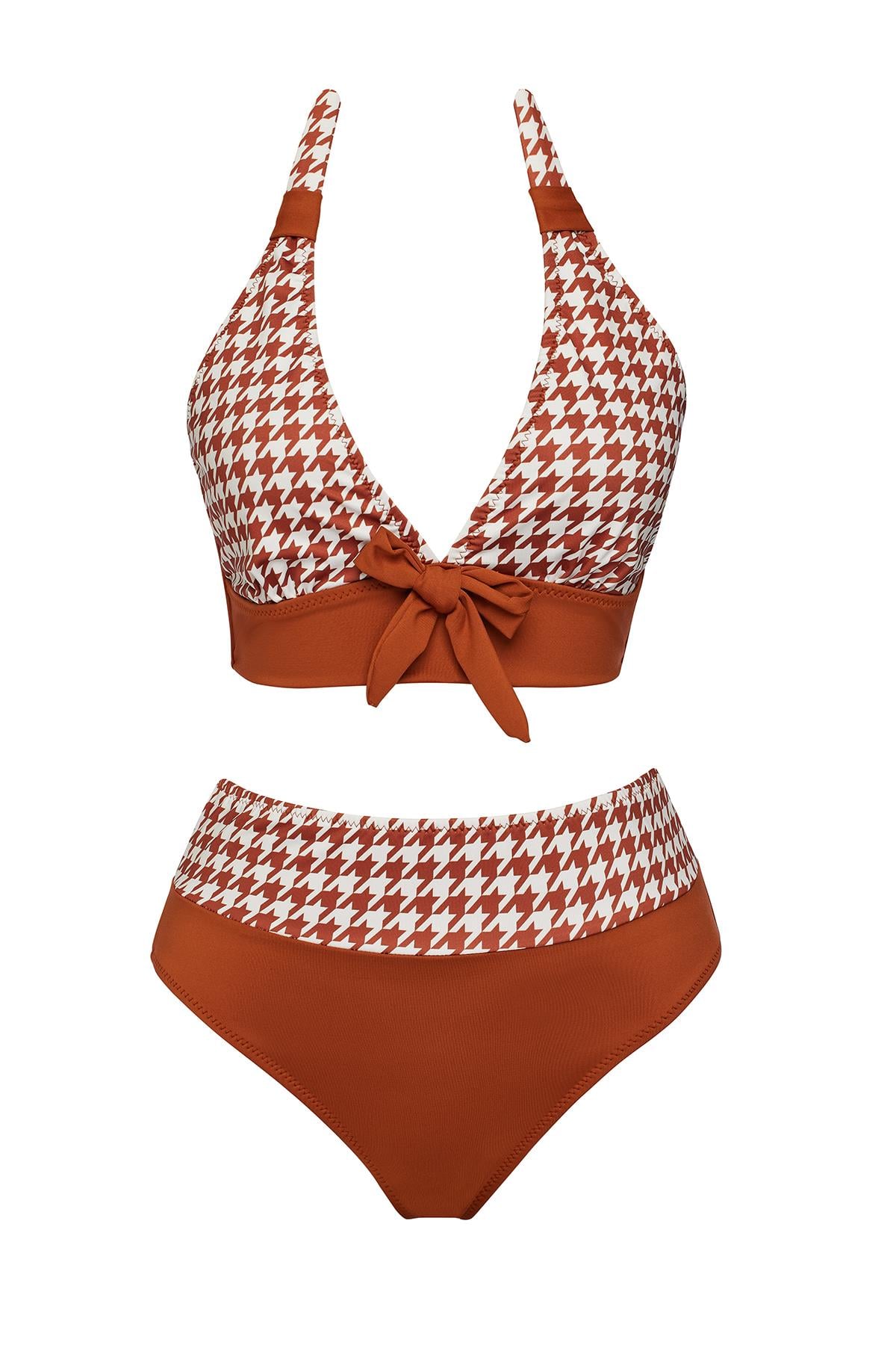 Yüksek Bel Desenli Üçgen Bikini Takım 