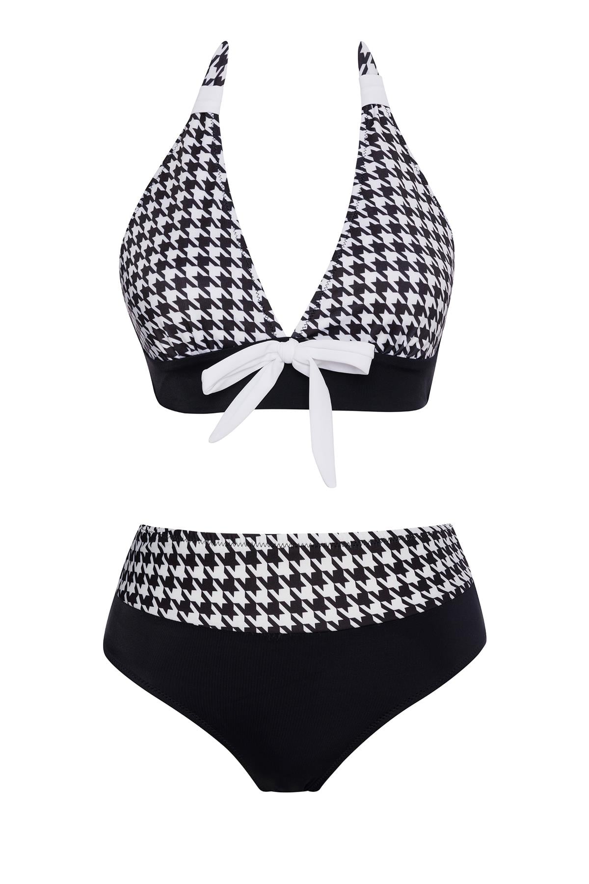 Yüksek Bel Desenli Üçgen Bikini Takım 