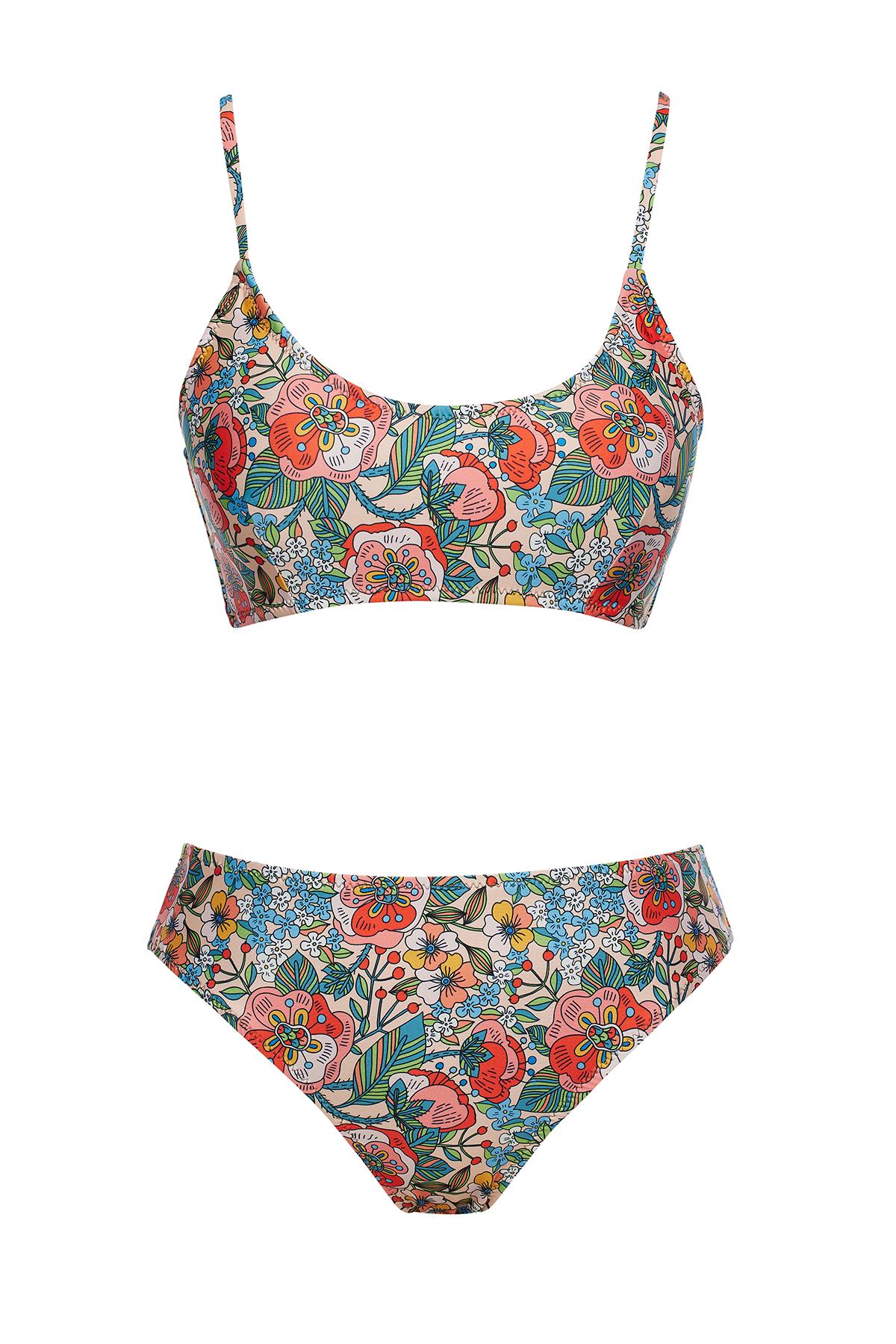 Yuvarlak Yaka Desenli Bikini Takım 