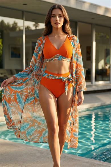 Kaftan Pareolu Yüksek Bel bikini Takım 