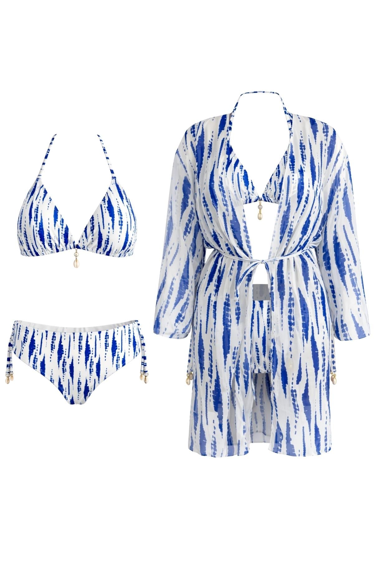Kaftan Pareolu Üçgen Brezilyan Kesim Bikini Takım 