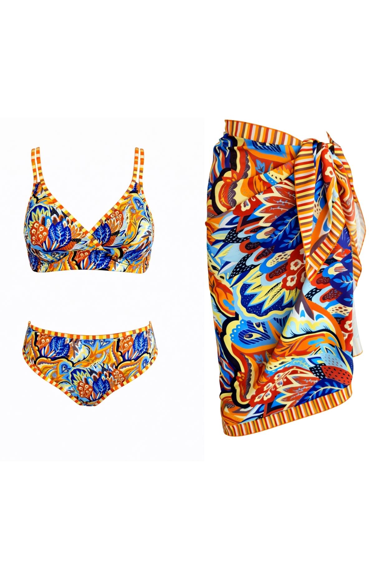 Üçgen Çapraz Pareolu Desenli Bikini Takım 
