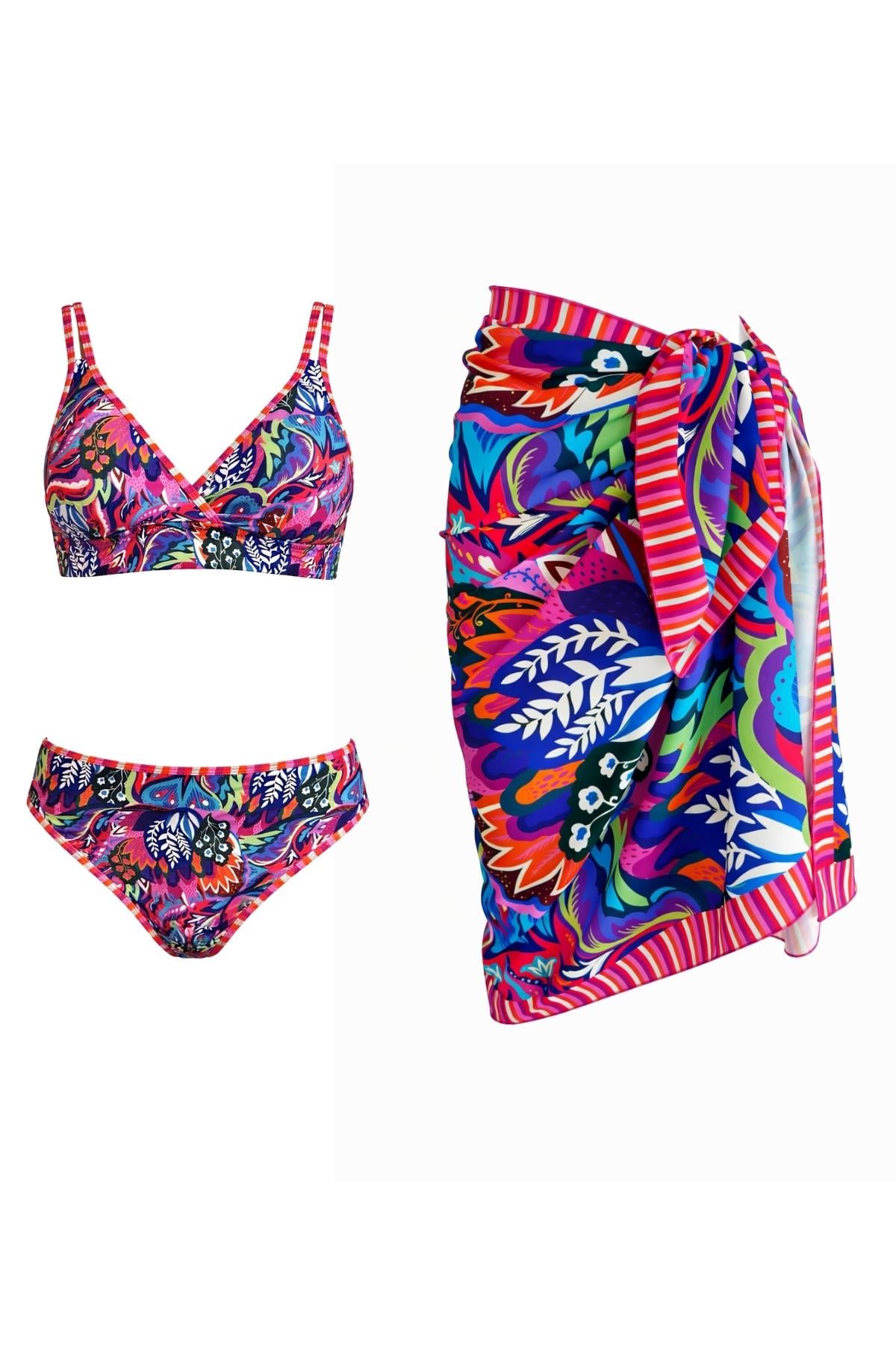 Üçgen Çapraz Pareolu Desenli Bikini Takım 