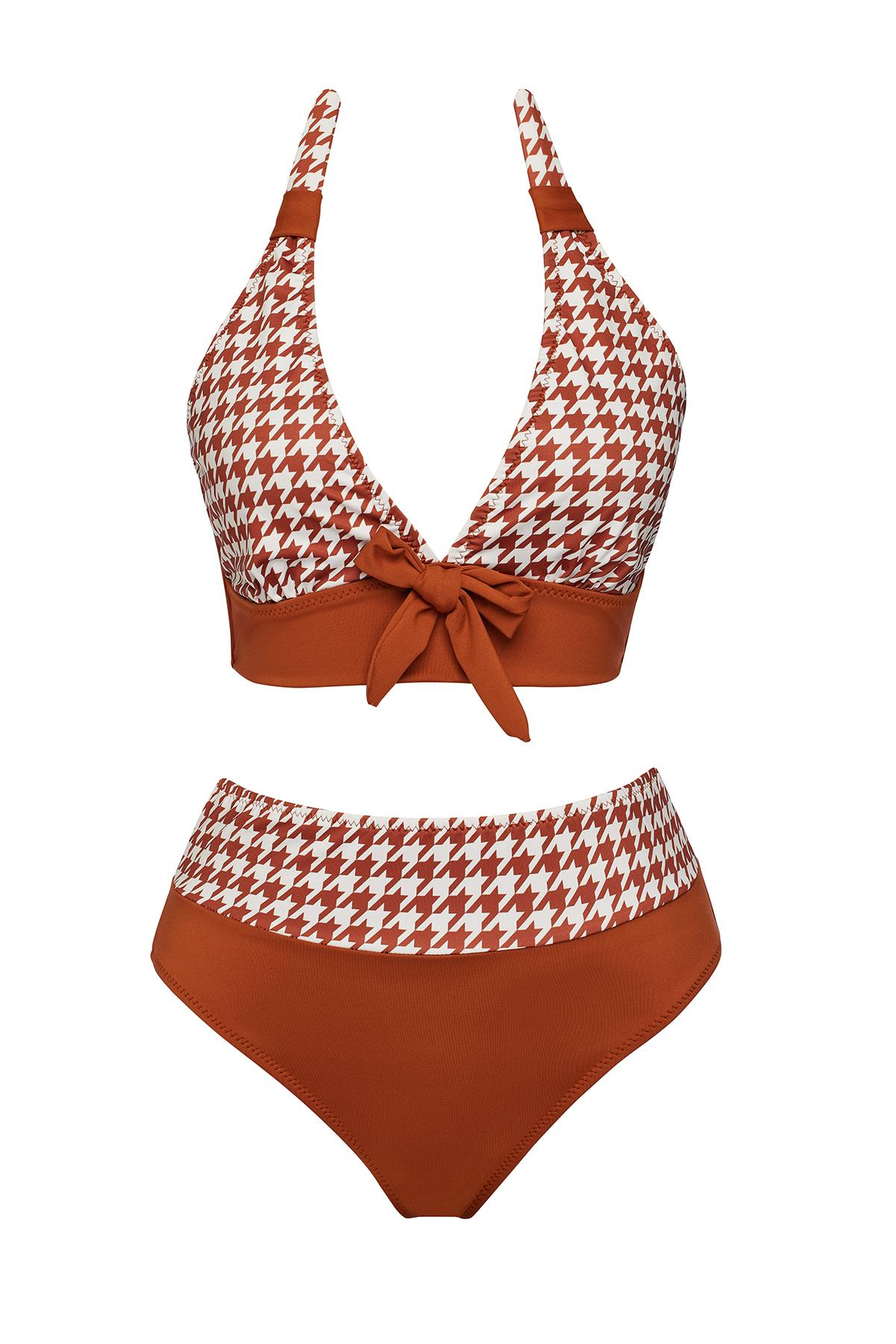 Yüksek Bel Desenli Üçgen Bikini Takım 