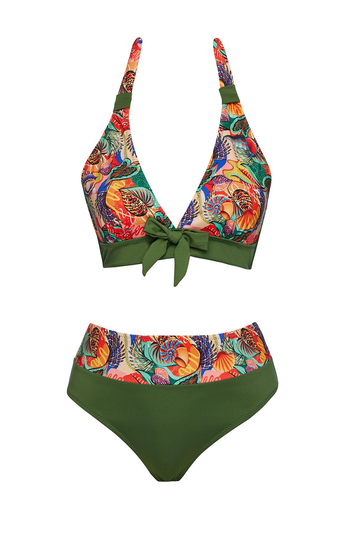 Yüksek Bel Desenli Üçgen Bikini Takım 