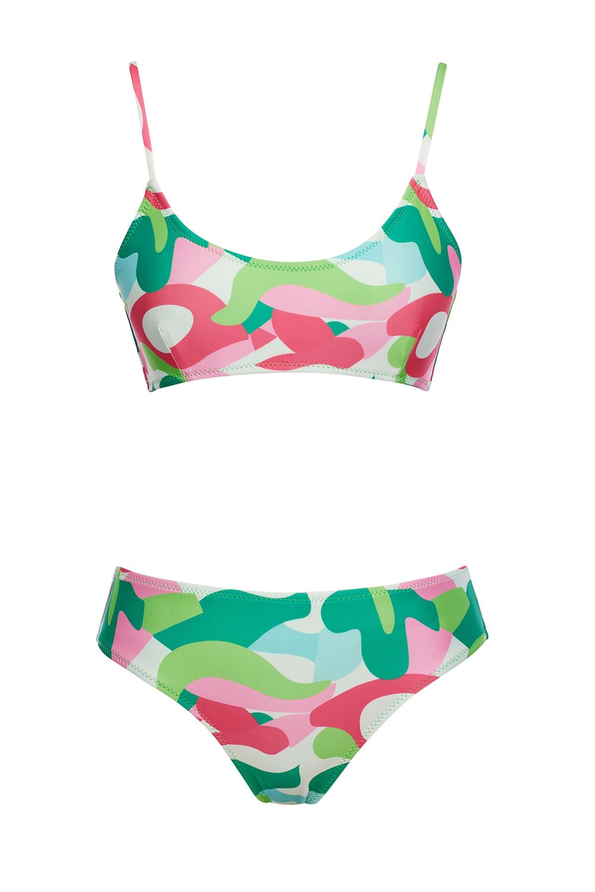 Yuvarlak Yaka Desenli Bikini Takım 