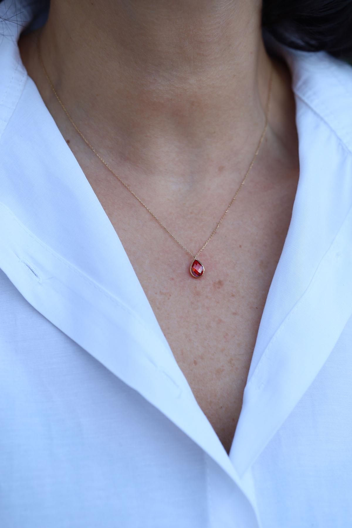 Yenigün Kuyumculuk14 Ayar Altın Kırmızı Damla Taş Kolye 2