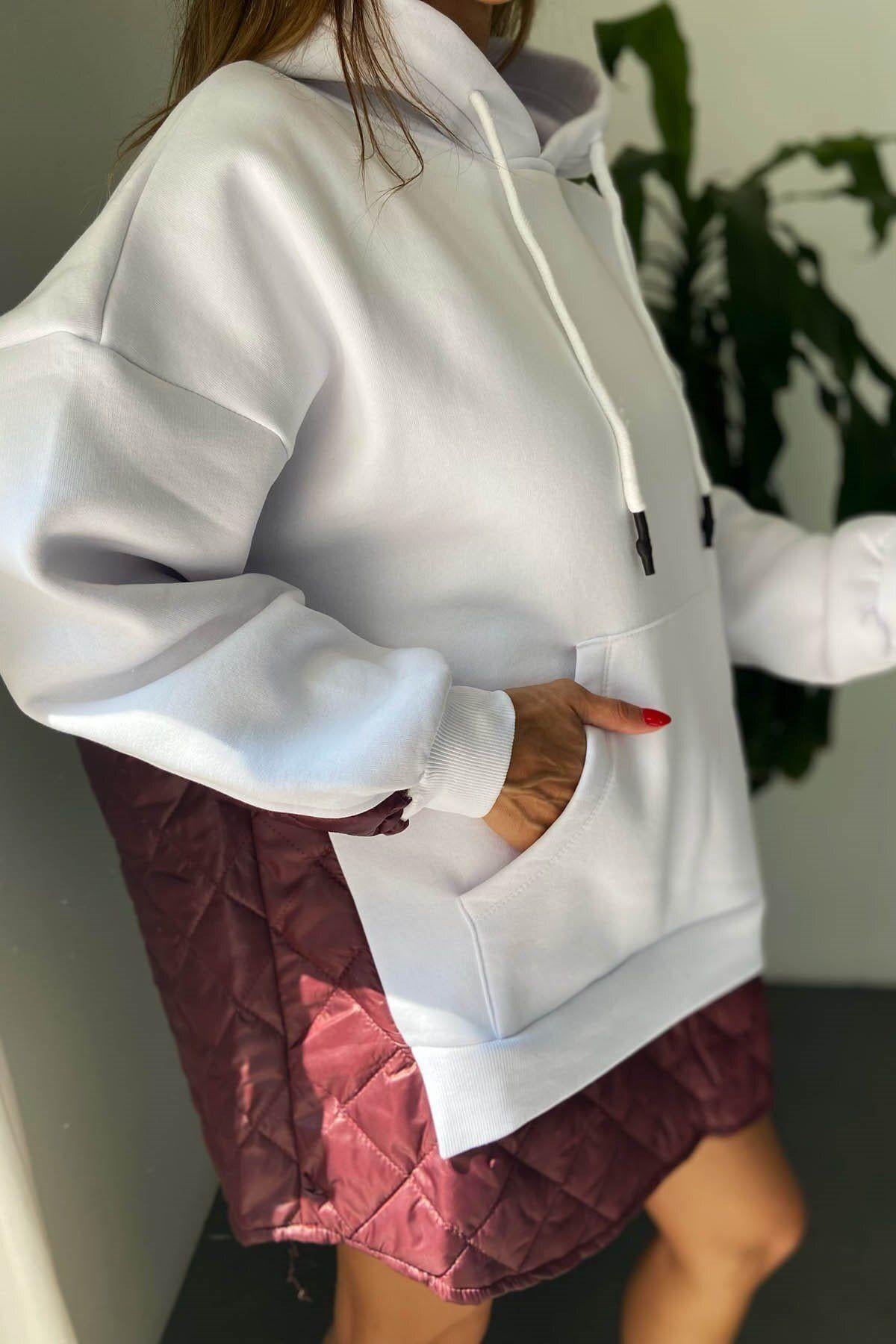 Kadın Kapitone Tasarım Kapüşonlu Sweatshirt Mürdüm Beyaz