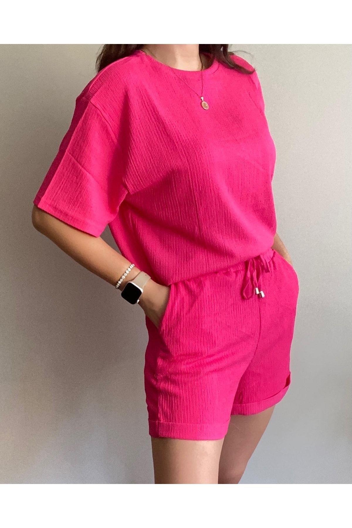 Kadın Alt Üst Kısa Kollu Şort Takım Pembe