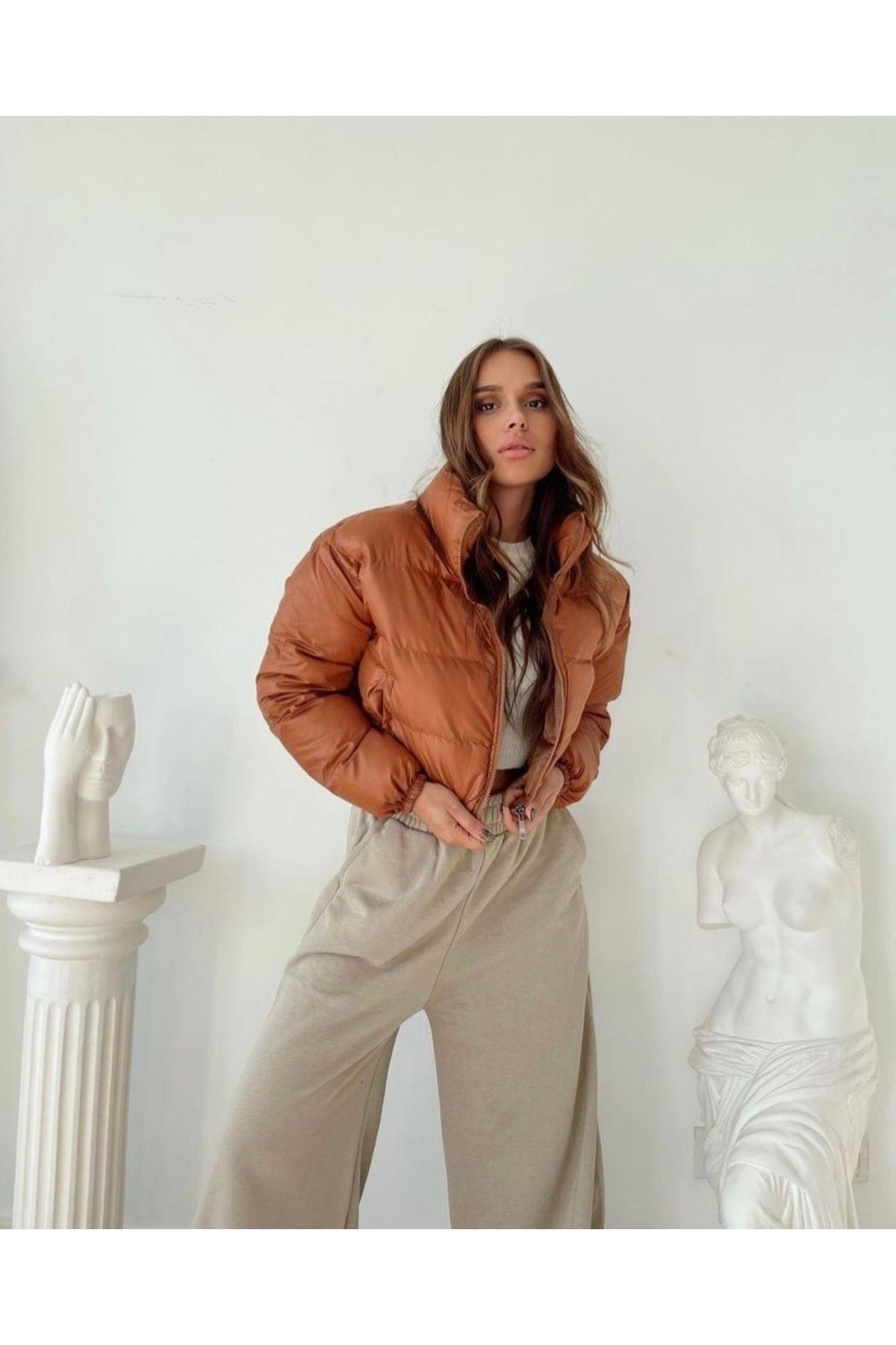 Kadın Camel Kahverengi Crop Şişme Mont