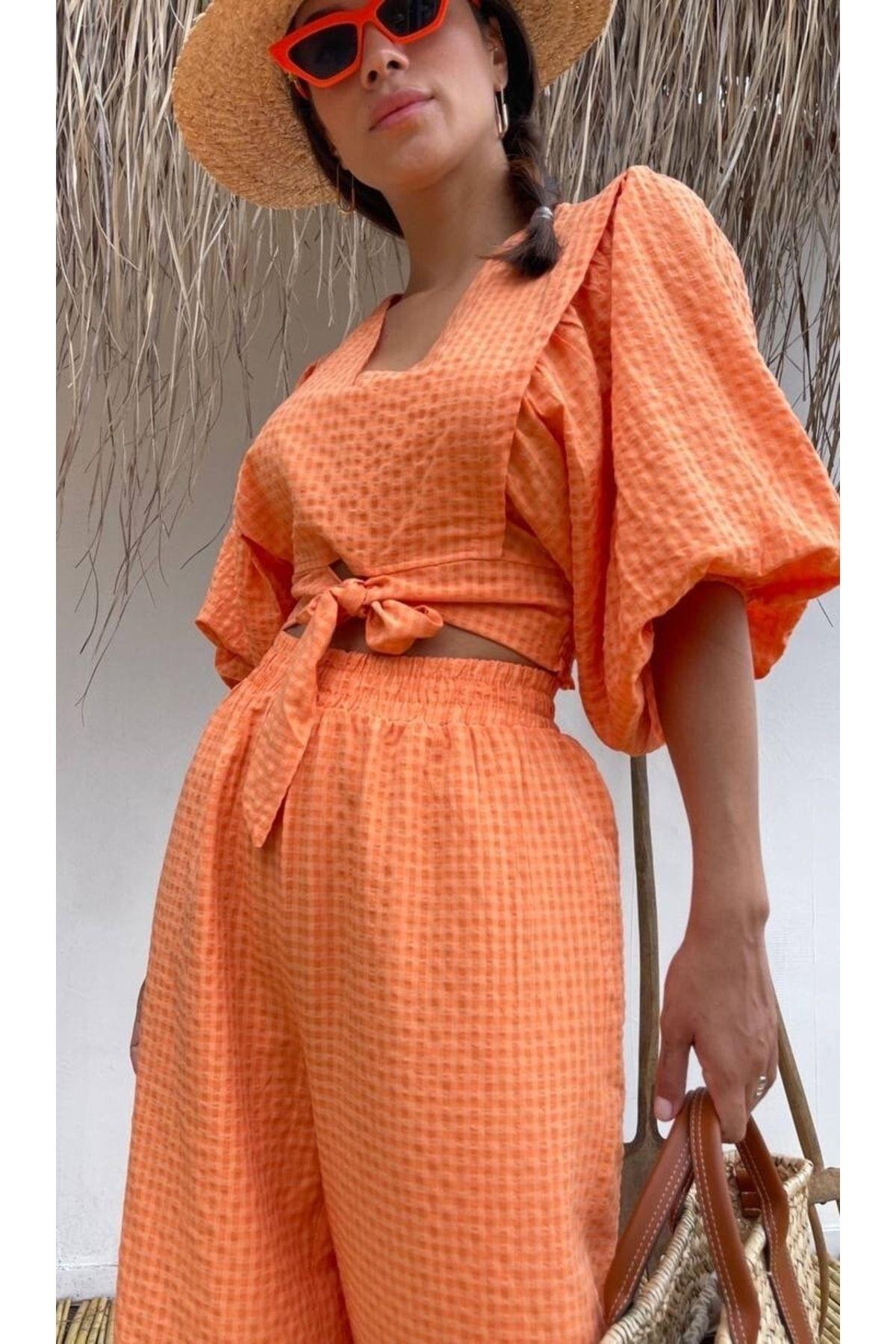 Kadın Pembe Crop Blon Kol Pantolon Alt Üst Takım