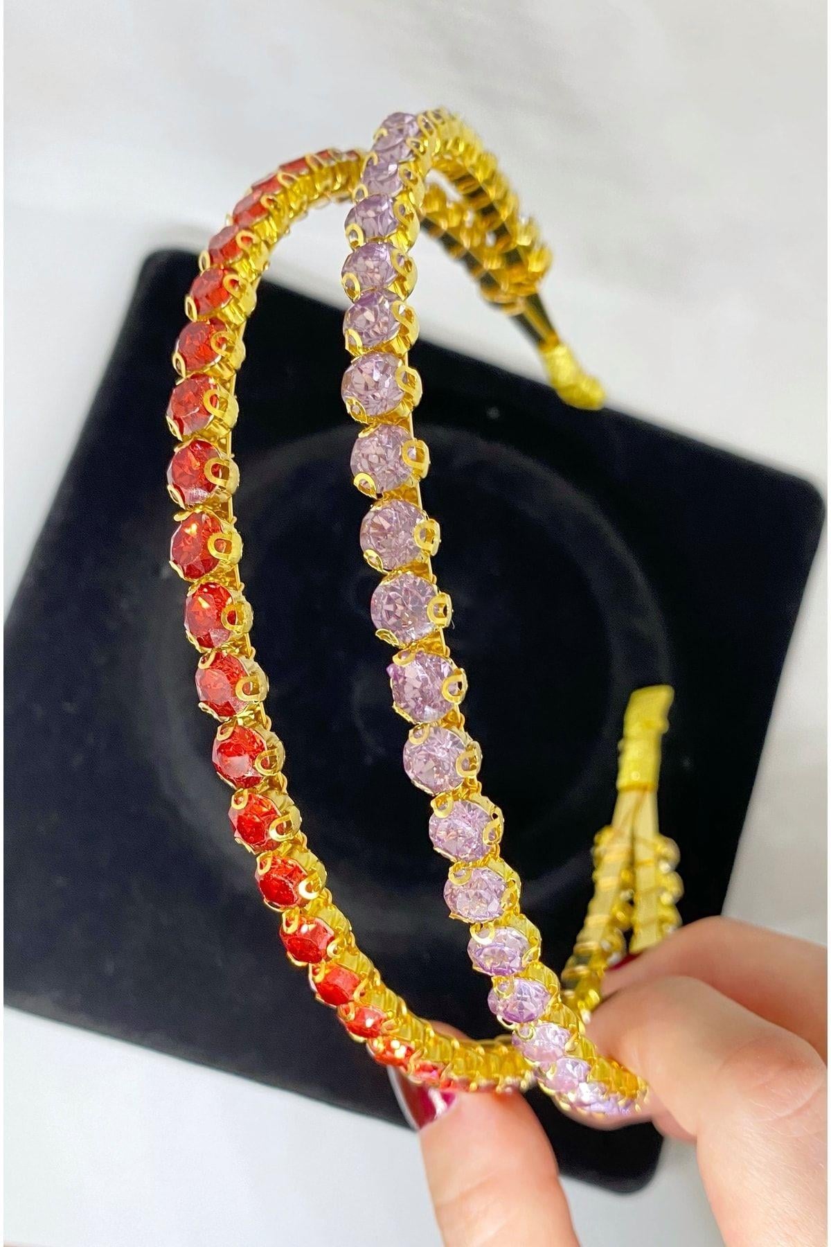 Kadın Su Yolu Renkli Prenses Model 2 Sıra Gold Kırmızı Mor Taşlı Taç Kararma Yapmaz