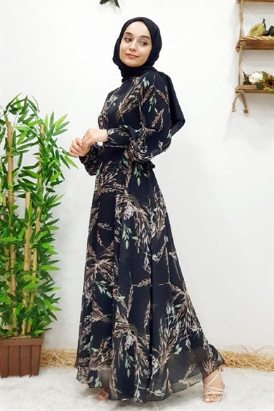 Yaprak Desenli Elbise - Siyah