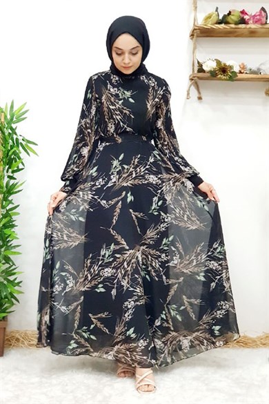 Yaprak Desenli Elbise - Siyah