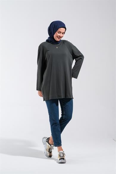 2255_Reglan Kollu Minimal Baskılı Basic Oversize Rahat Kalıp Tesettür Tunik PLSTR2255-00443