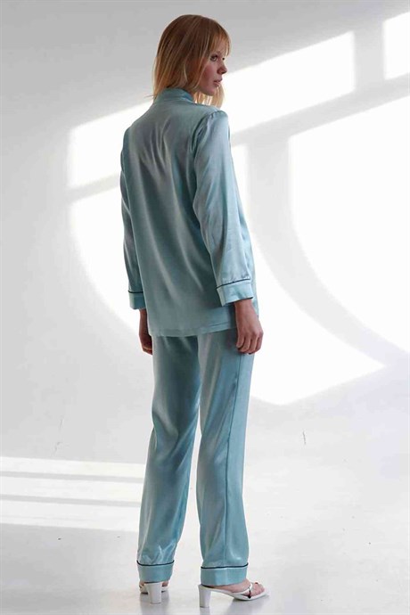 Merry See Saten Pijama Takım Hakim Yakalı Mavi