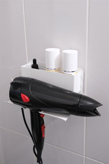 Risingmaber Beyaz Metal Yapışkanlı Saç Kurutma Askısı, Yapışkanlı Banyo Düzenleyici Organizer Fön Makinelik MT83B 