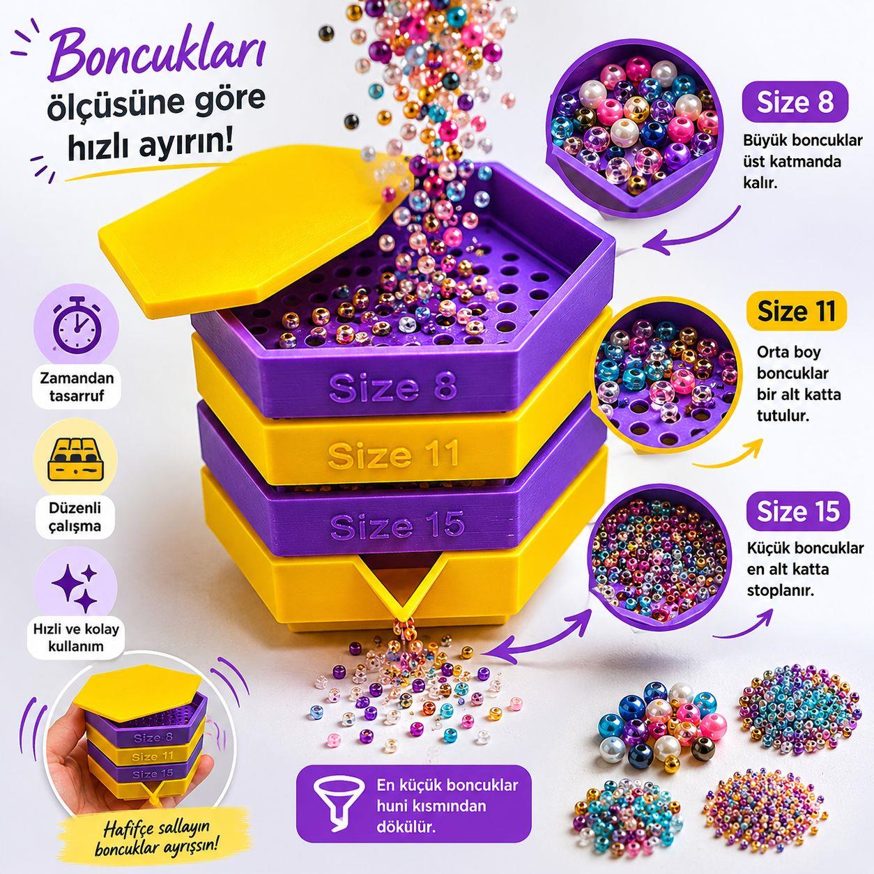 Boncuk Ölçü Süzgeçleyici Set - (Size 8/0 - 11/0 - 15/0)