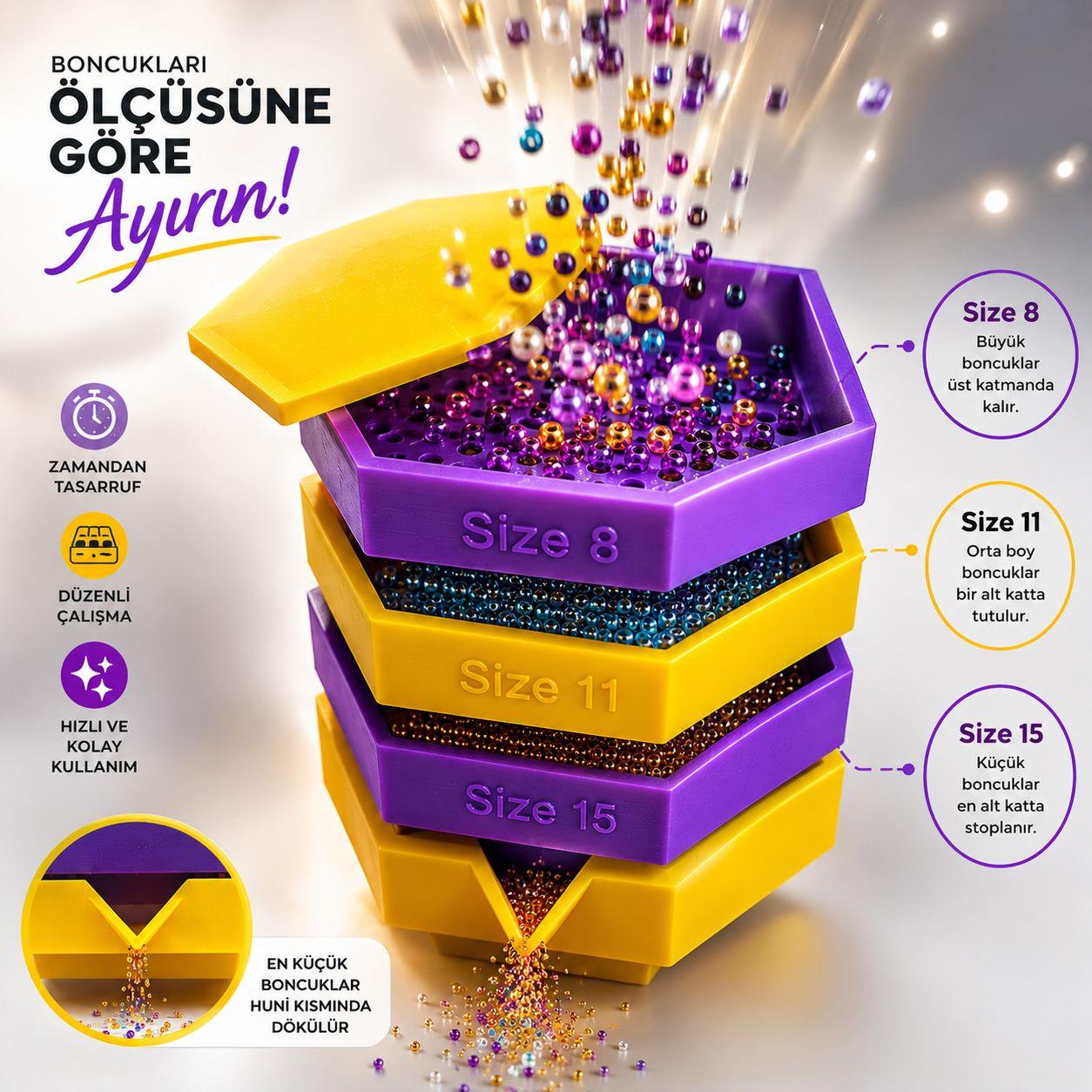 Boncuk Ölçü Süzgeçleyici Set - (Size 8/0 - 11/0 - 15/0)