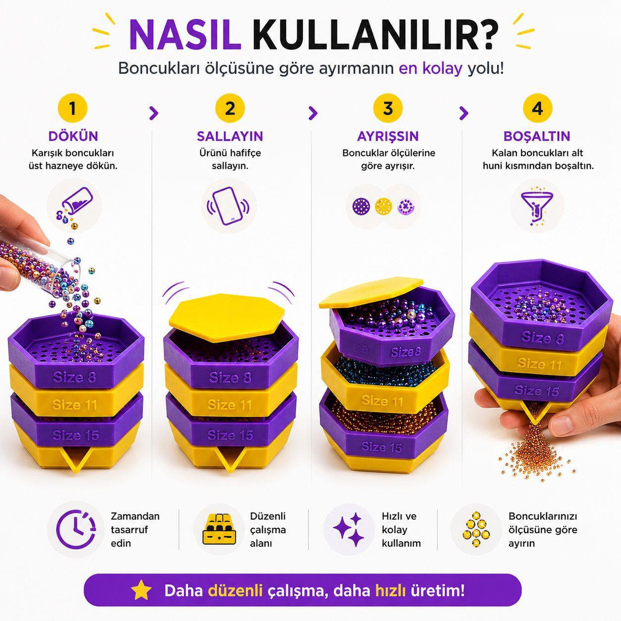 Boncuk Ölçü Süzgeçleyici Set - (Size 8/0 - 11/0 - 15/0)