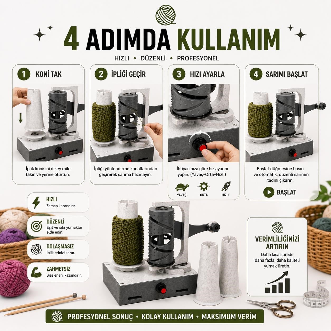 Çile Tutucu - PRO. Otomatik İplik Sarıcı, Automatic Motorized Yarn Winder