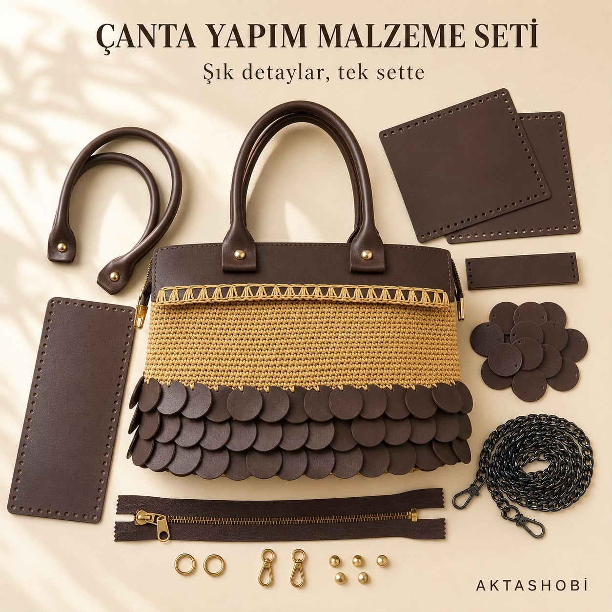 Deri Pullu Deri Çanta Seti (Gold Aparatlı)