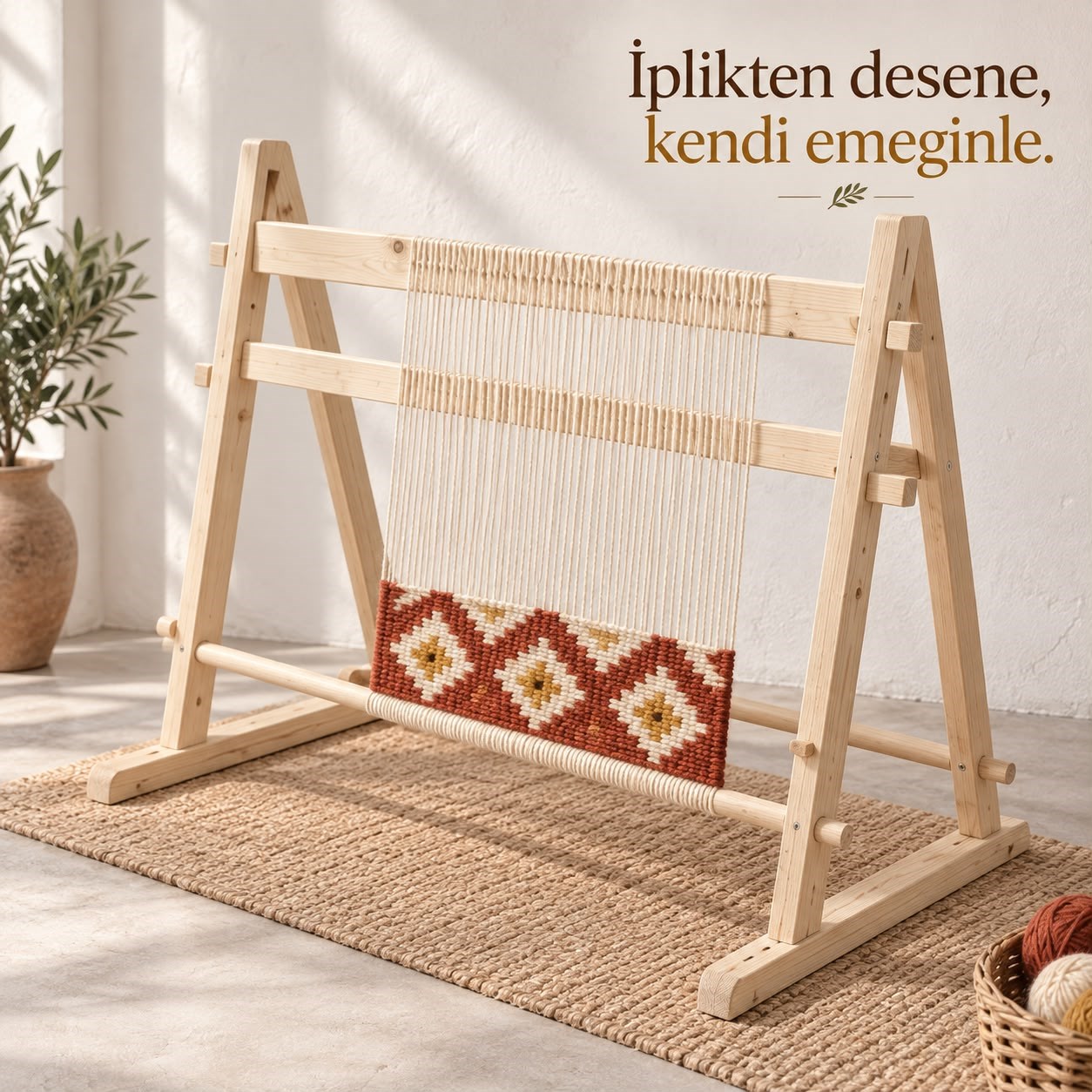 İlmek Atölyesi – No:2 Ayaklı Ahşap Dokuma Tezgâhı | 70 × 70 cm