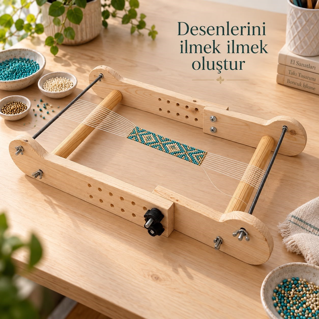Kademeli Ahşap Boncuk Dokuma Tezgâhı – 8 Farklı Uzunluk Ayarı