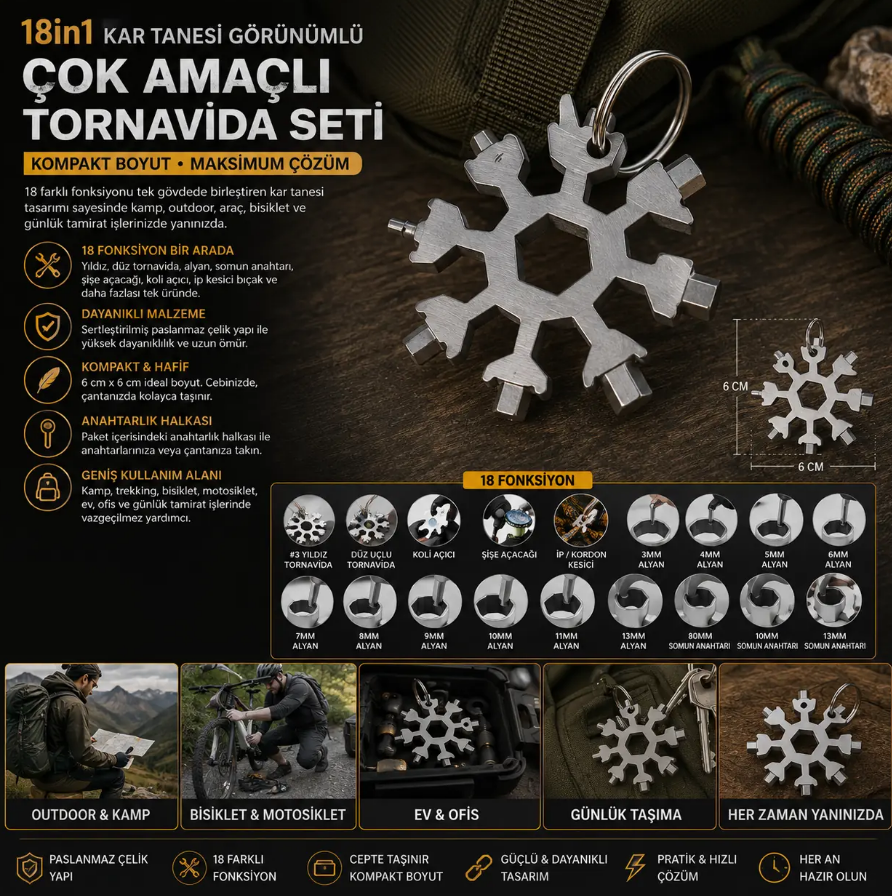 Kar Tanesi Çok Amaçlı Anahtarlık El Aleti 18 Fonksiyonlu