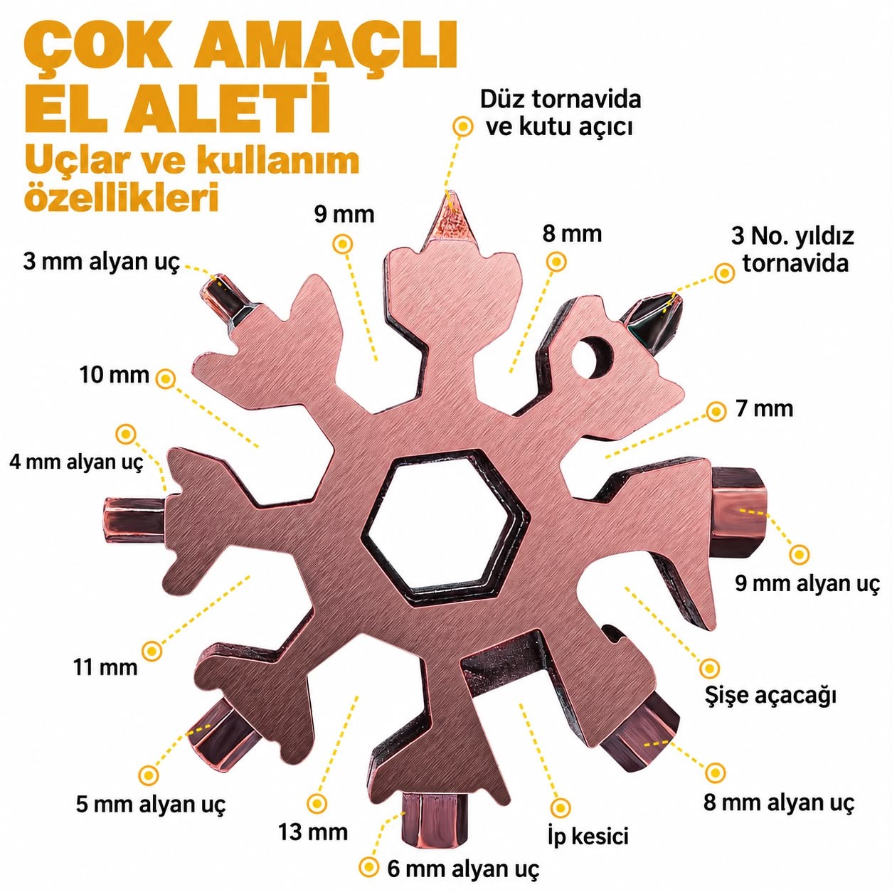 Kar Tanesi Çok Amaçlı Anahtarlık El Aleti 18 Fonksiyonlu