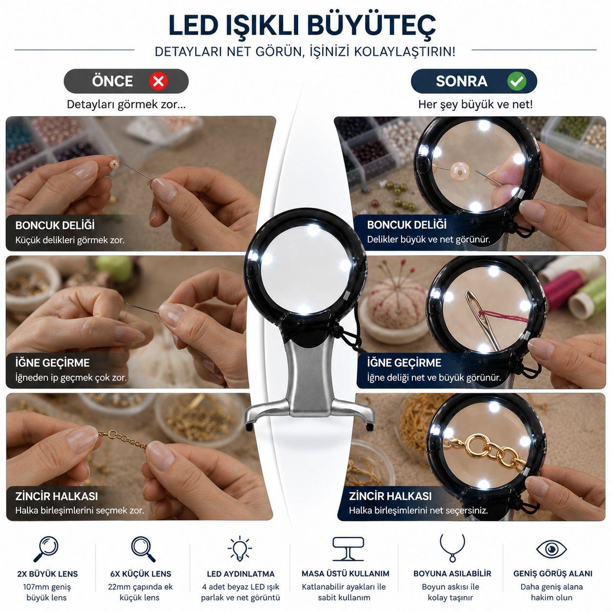 LED Işıklı Masa Tipi ve Boyun Askılı Büyüteç