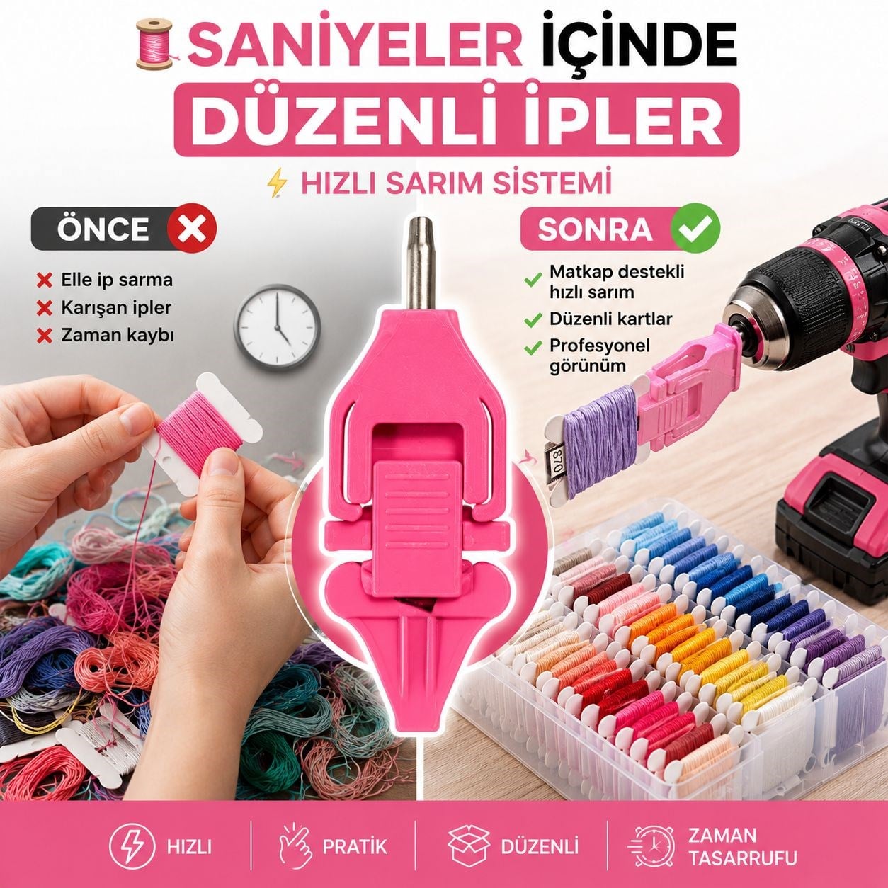 Matkap Uyumlu İplik Sarma Kartı Aparatı +10 Adet İplik Kartıyla