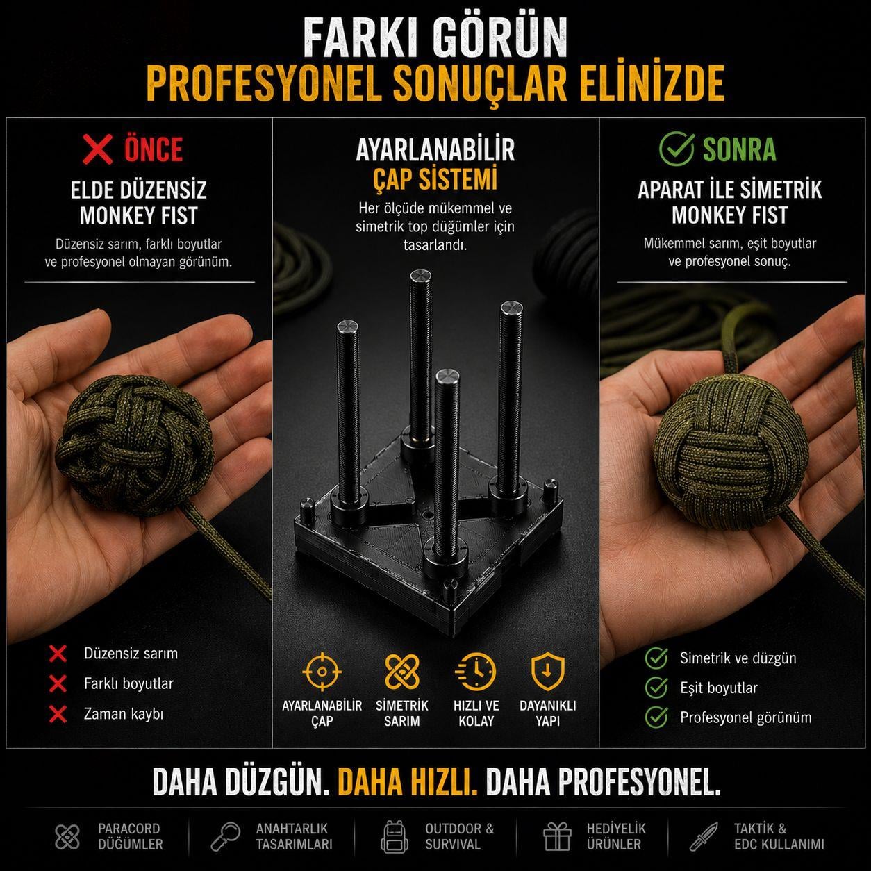 Paracord Top Düğüm Aparatı – Ayarlanabilir 4 Çubuklu Sistem