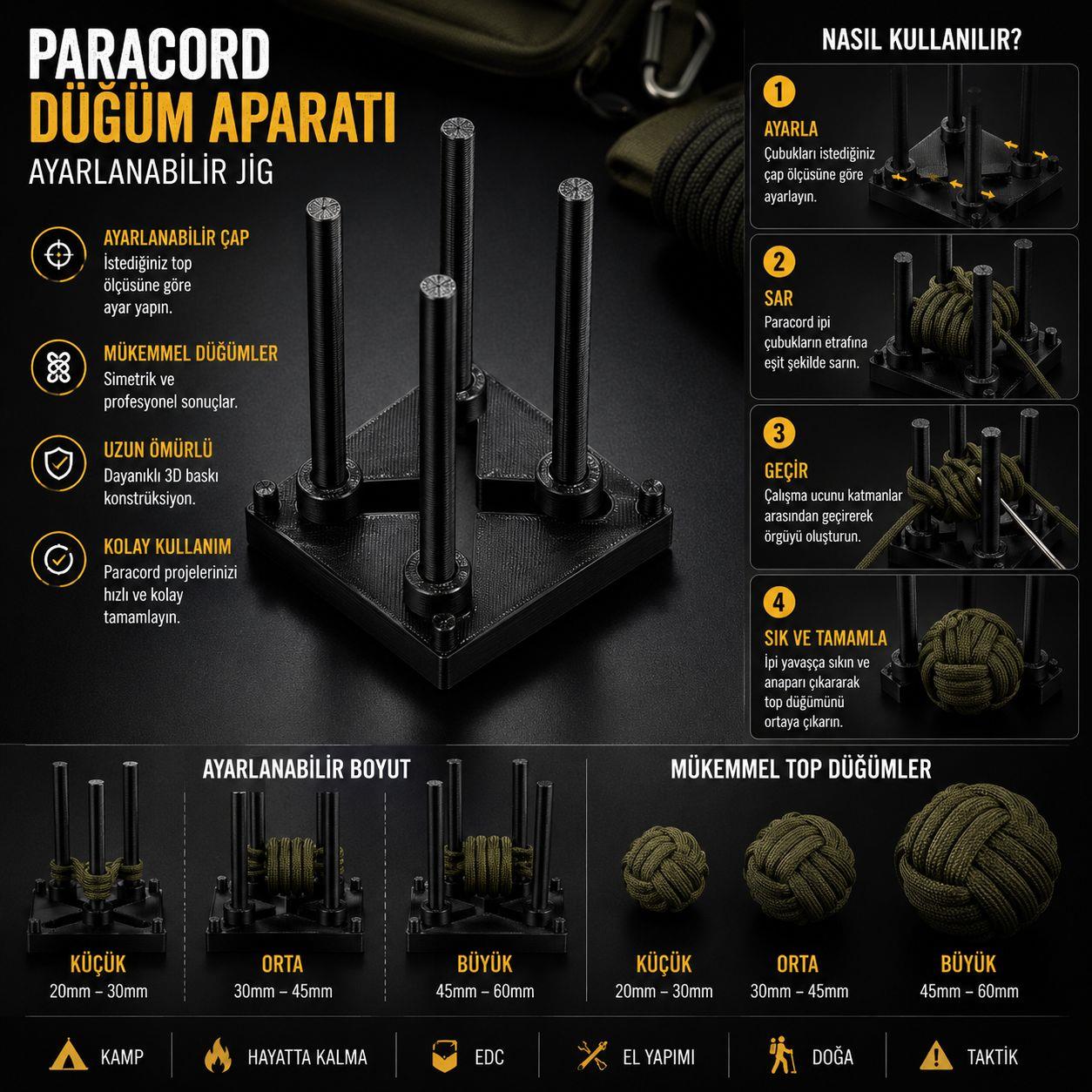 Paracord Top Düğüm Aparatı – Ayarlanabilir 4 Çubuklu Sistem