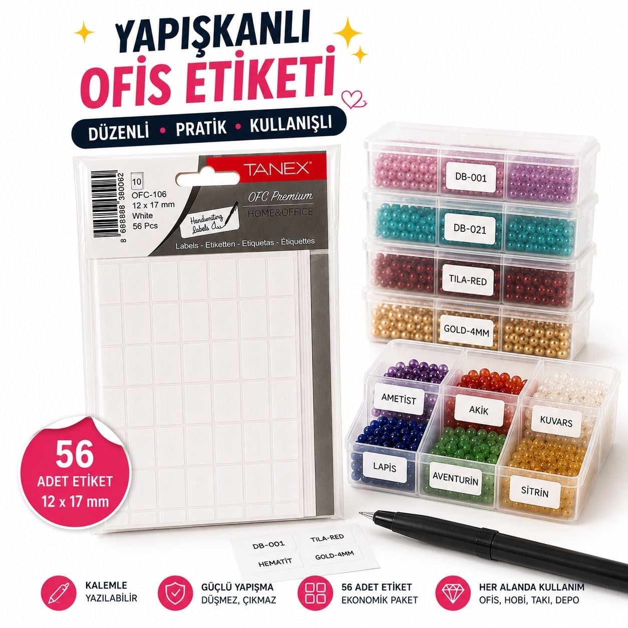 Yapışkanlı Beyaz Ofis Etiketi – 12 x 17 mm | 56 Adet
