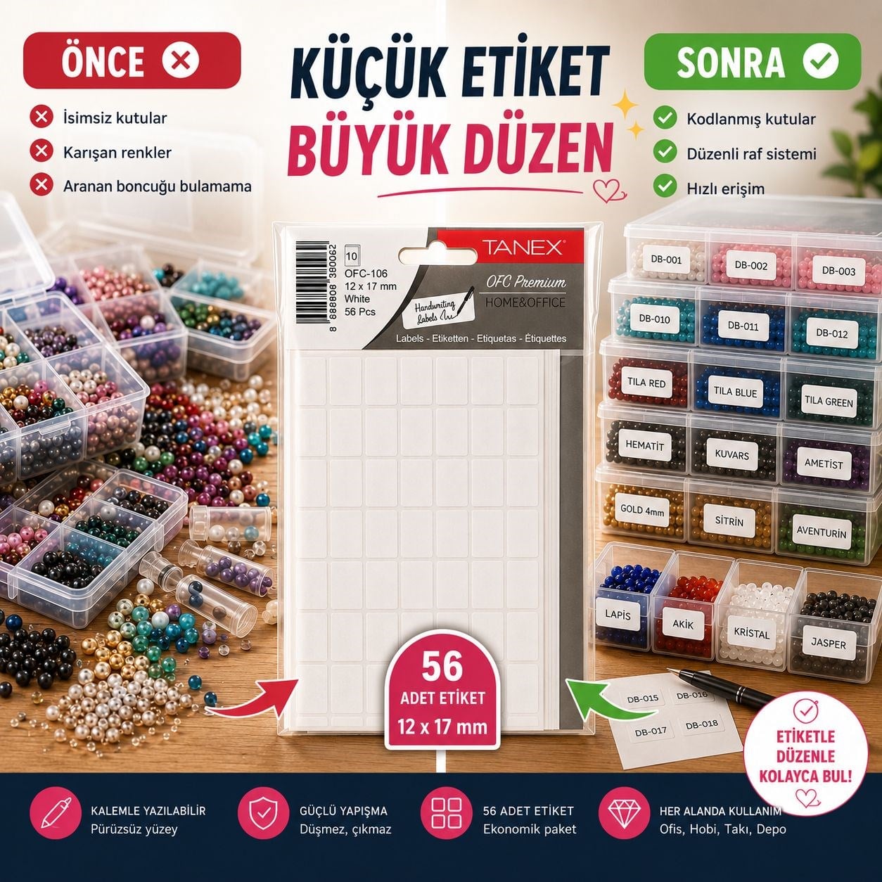 Yapışkanlı Beyaz Ofis Etiketi – 12 x 17 mm | 56 Adet
