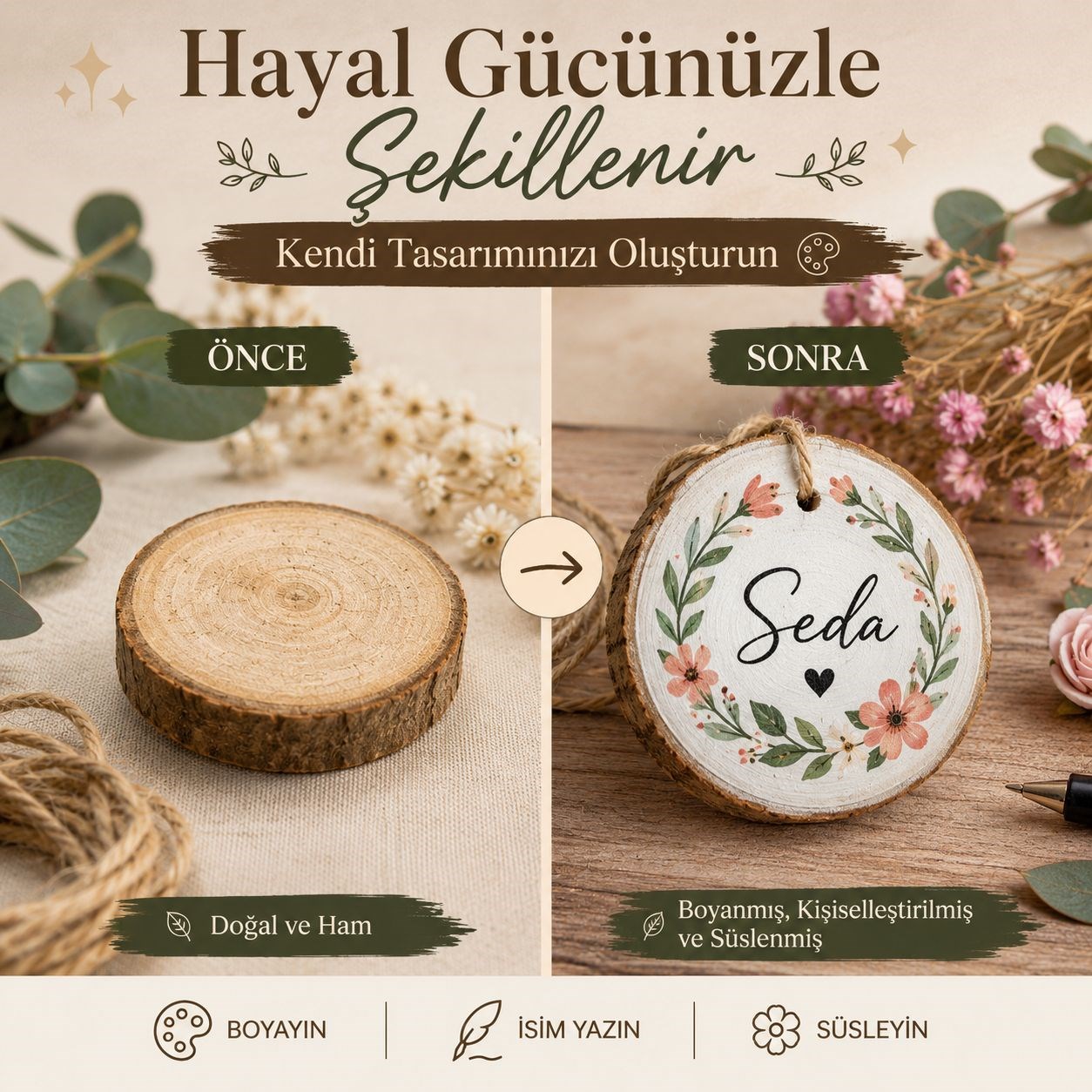 Yuvarlak Kesim Ahşap Halka - Dekoratif Ahşap Stand