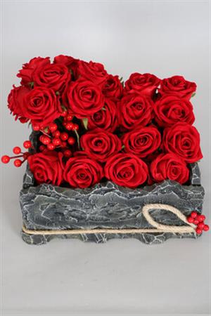 Dekoratif Ahşap Kutuda Yapay 20li Kadife Gül (23cmx30cmx24cm)