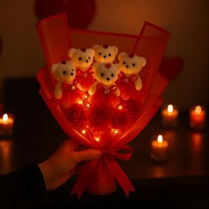 Kırmızı Laleli Ayıcık LED Işıklı Buket – Zarafetin Işıltılı Hali