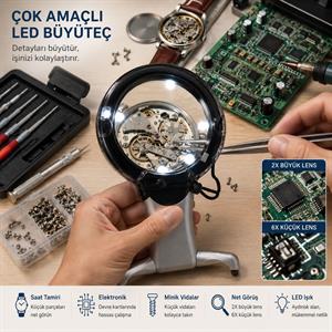 LED Işıklı Masa Tipi ve Boyun Askılı Büyüteç