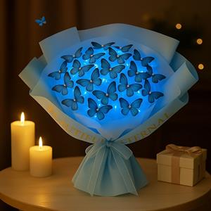 Mavi Kelebekli LED Işıklı Buket – Zarafetin Işıltılı Hali