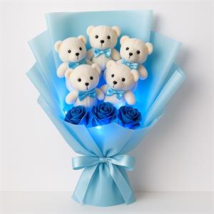 Mavi Laleli Ayıcık LED Işıklı Buket – Zarafetin Işıltılı Hali