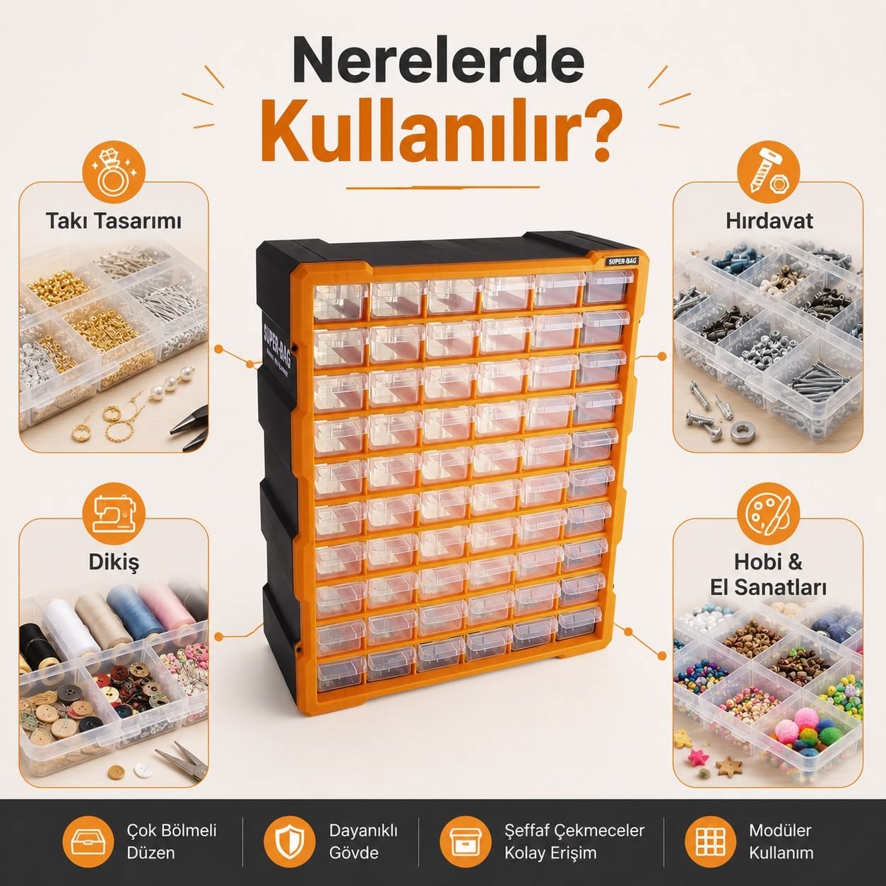 60'lı Büyük Monoblok Çekmece Seti ile Küçük Parçalar Artık Hep Düzenli