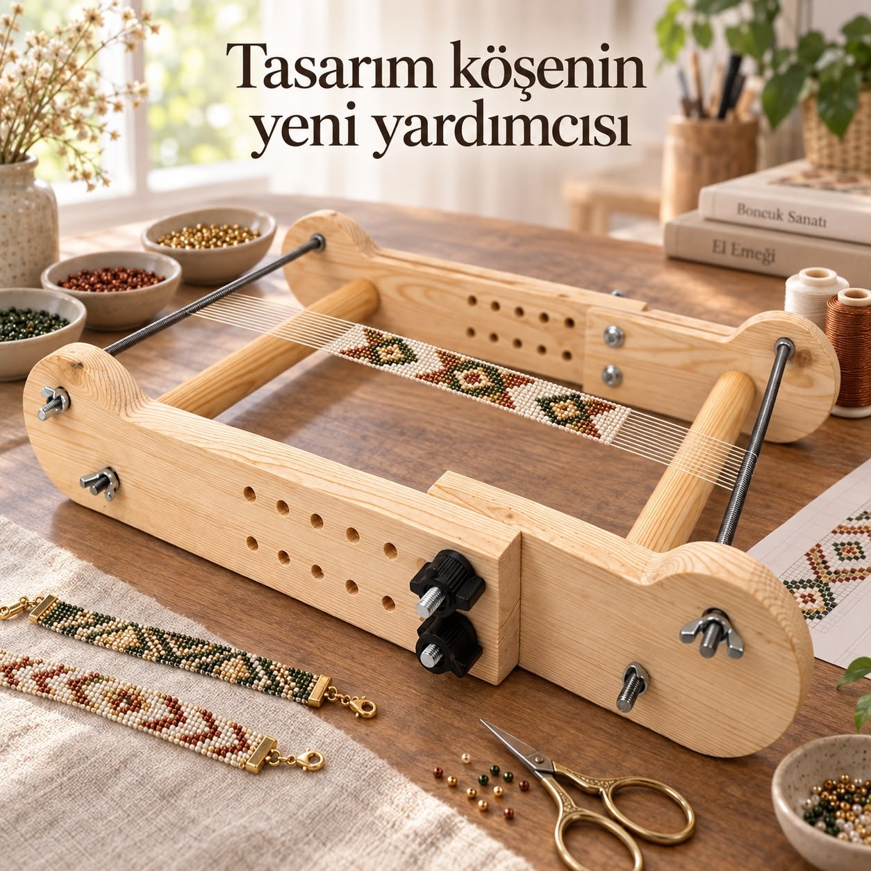Kademeli Ahşap Boncuk Dokuma Tezgâhı – 8 Farklı Uzunluk Ayarı