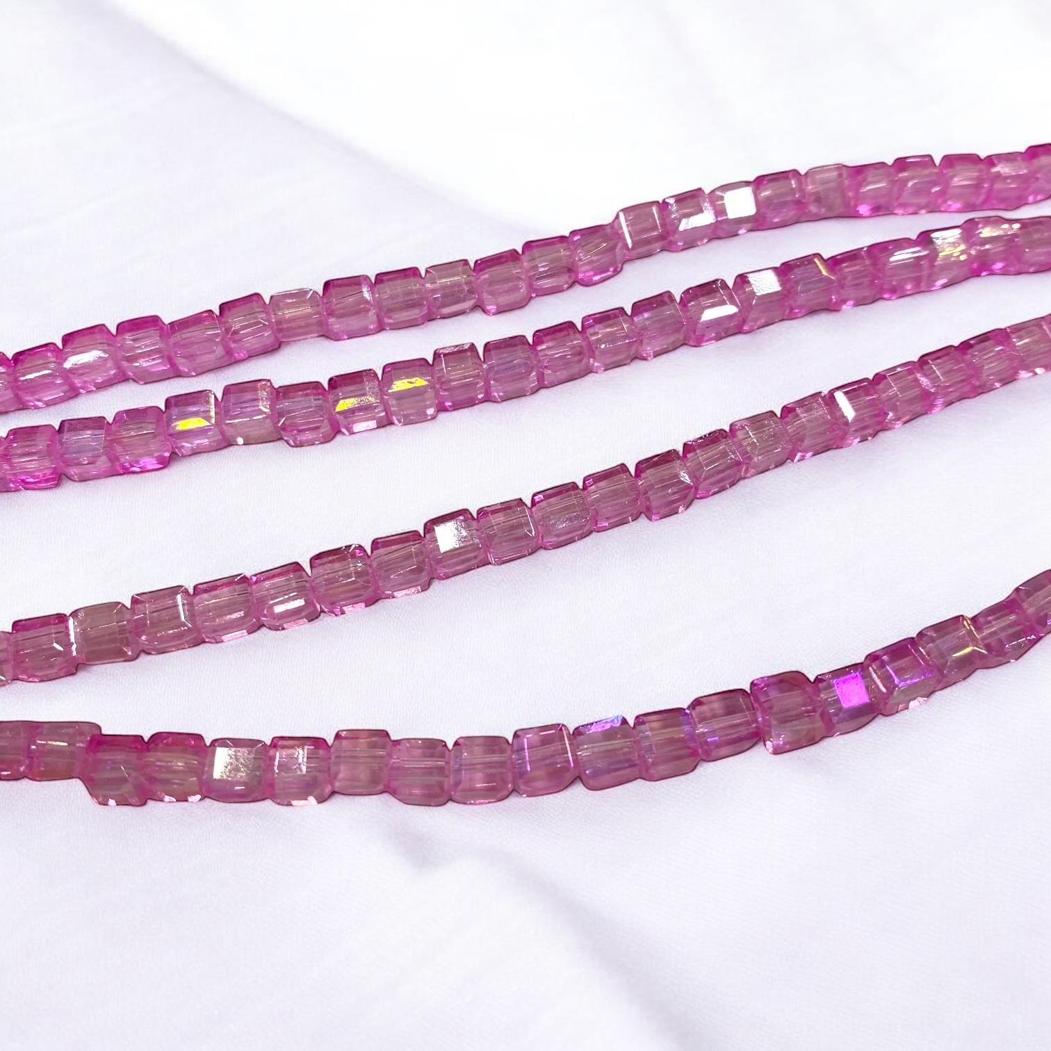 Küp Kristal Dizi Cam Boncuk (4 mm) Saydam Pembe