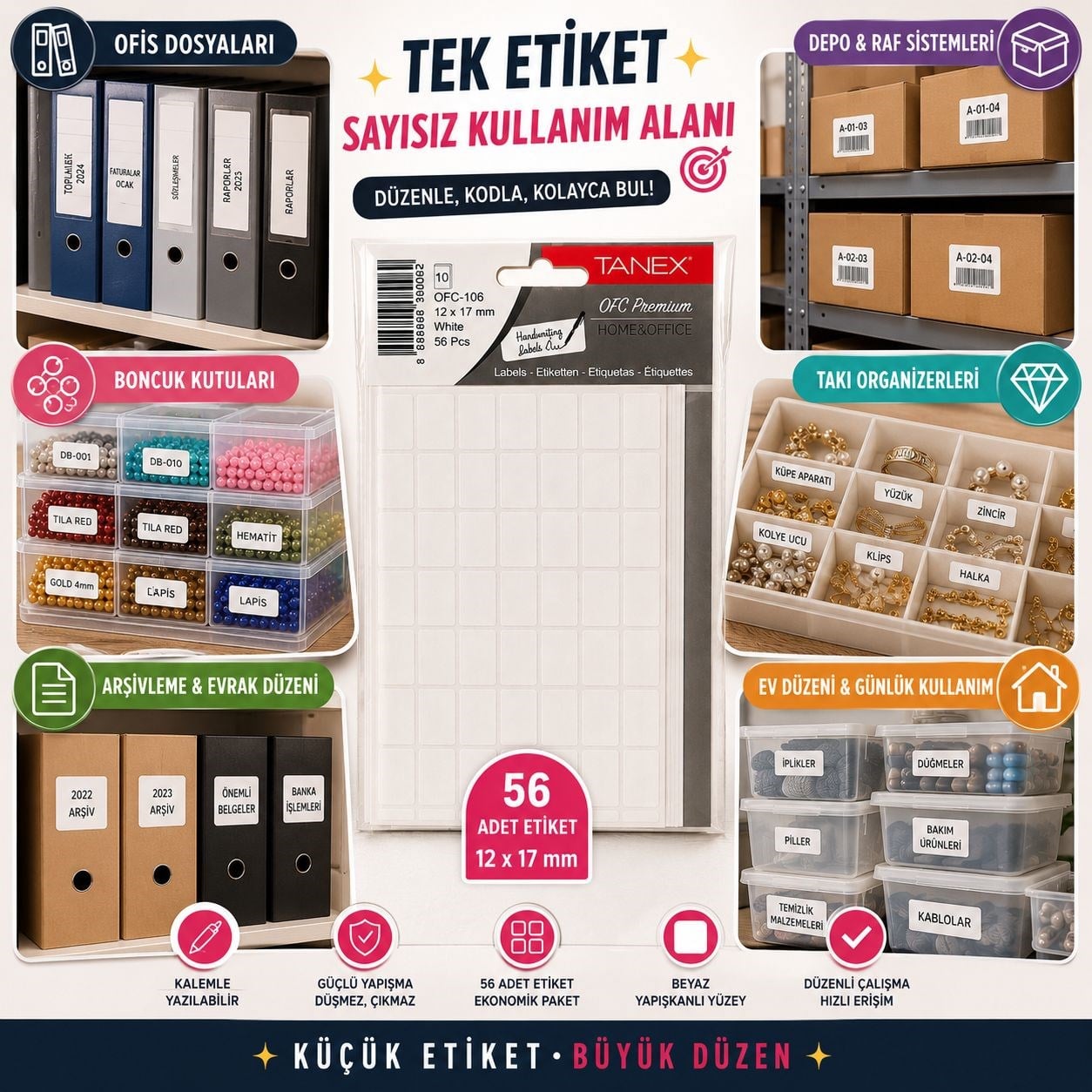 Yapışkanlı Beyaz Ofis Etiketi – 12 x 17 mm | 56 Adet