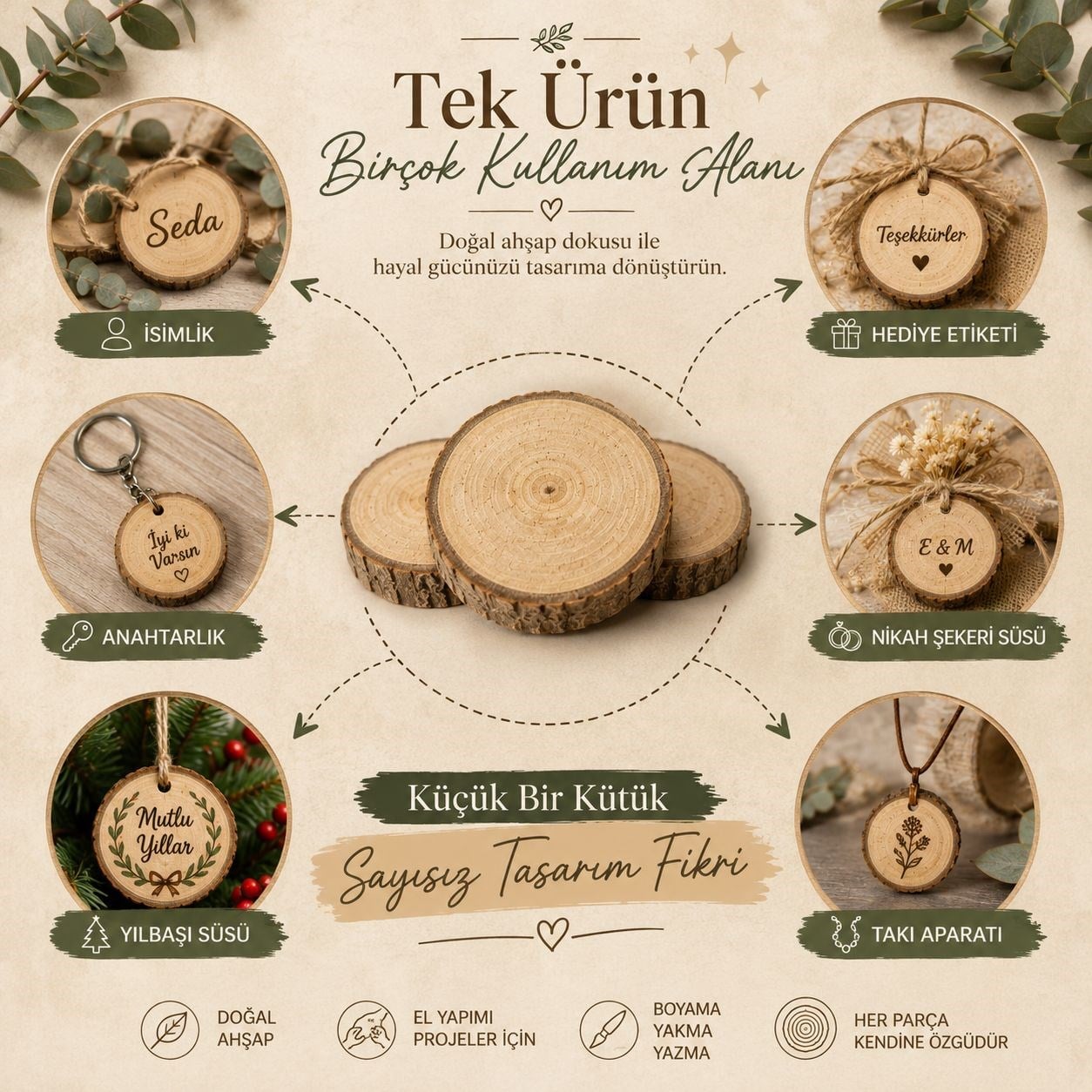 Yuvarlak Kesim Ahşap Halka - Dekoratif Ahşap Stand