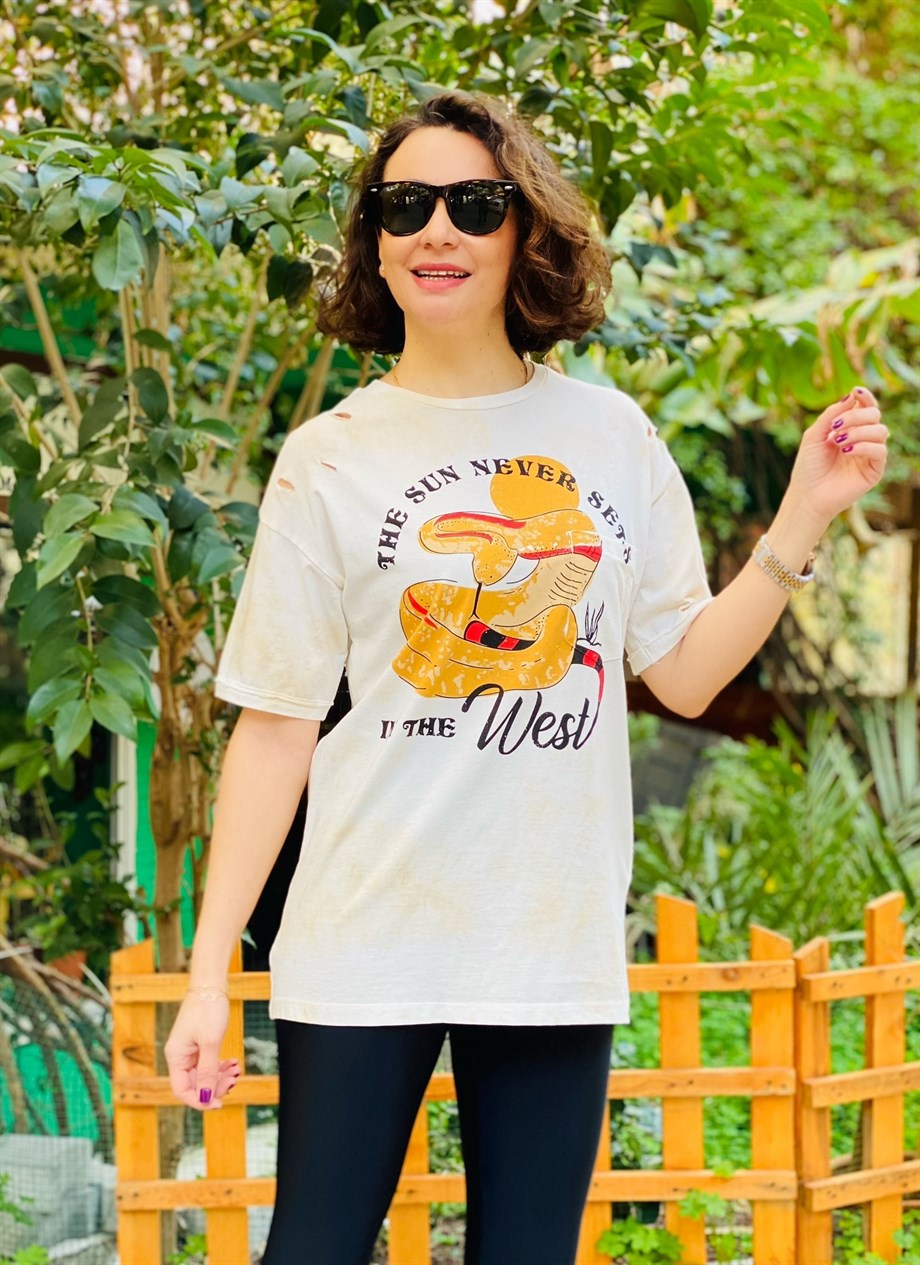 Ekru Baskılı Batik T-Shirt